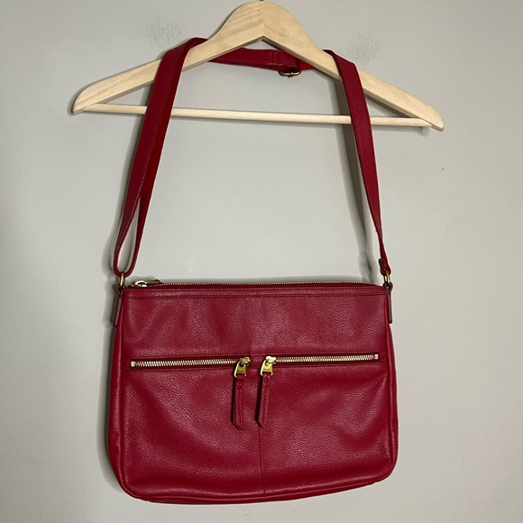 Fossil Elise Large Double Zip Leather Burgundy Crossbody purse